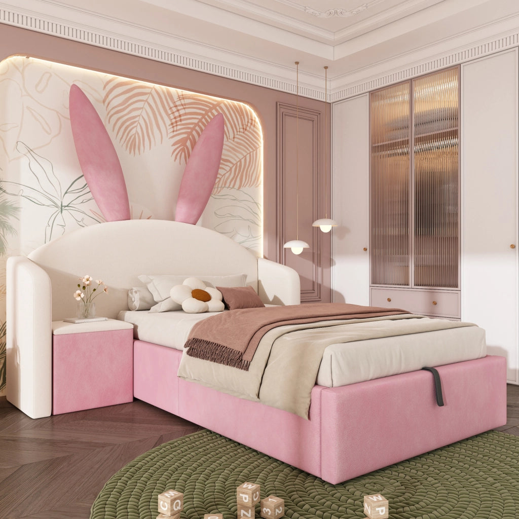 Letto singolo 90x200 cm in velluto con testiera imbottita; contenitore idraulico e comodino; beige e rosa