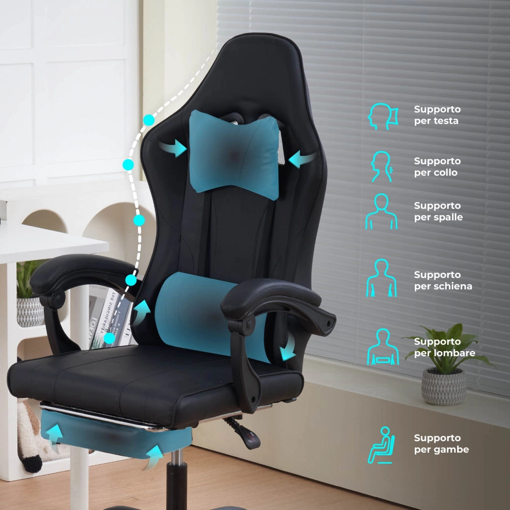 Sedia da Gaming Massaggiante,Sedia Gamer Con Poggiapiedi Telescopico,Reclinabile 90-135°,Poltrona da Gaming con Poggiatesta  Cuscino Lombare,Sedie Da Ufficio,Portata 150kg Nero