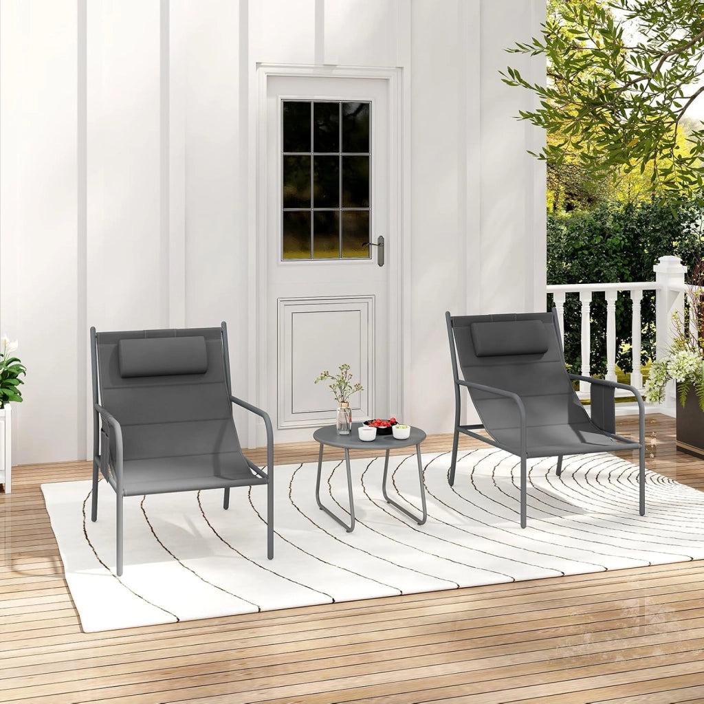 Set da Bistrot da Giardino 3 Pezzi, Set di Sedie da Esterno con Seduta e Poggiatesta Imbottiti, Tavolino da Caffè Rotondo con Piano in Metallo, Tasche Portaoggetti Laterali