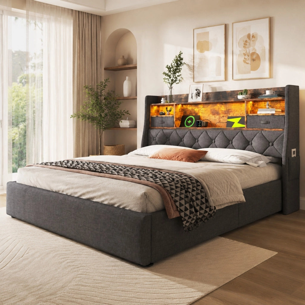 DESMIU Letto Contenitore 160 × 200 cm 2 posti con LED, USB e Type-C, senza materasso, in lino grigio