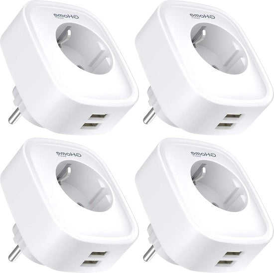 Contatto di arresto con USB 16 A confezione da 4 pezzi - misurazione del consumo di corrente - controllo a distanza Wi-Fi - controllo vocale - timer - compatibilità con Alexa e Google Home