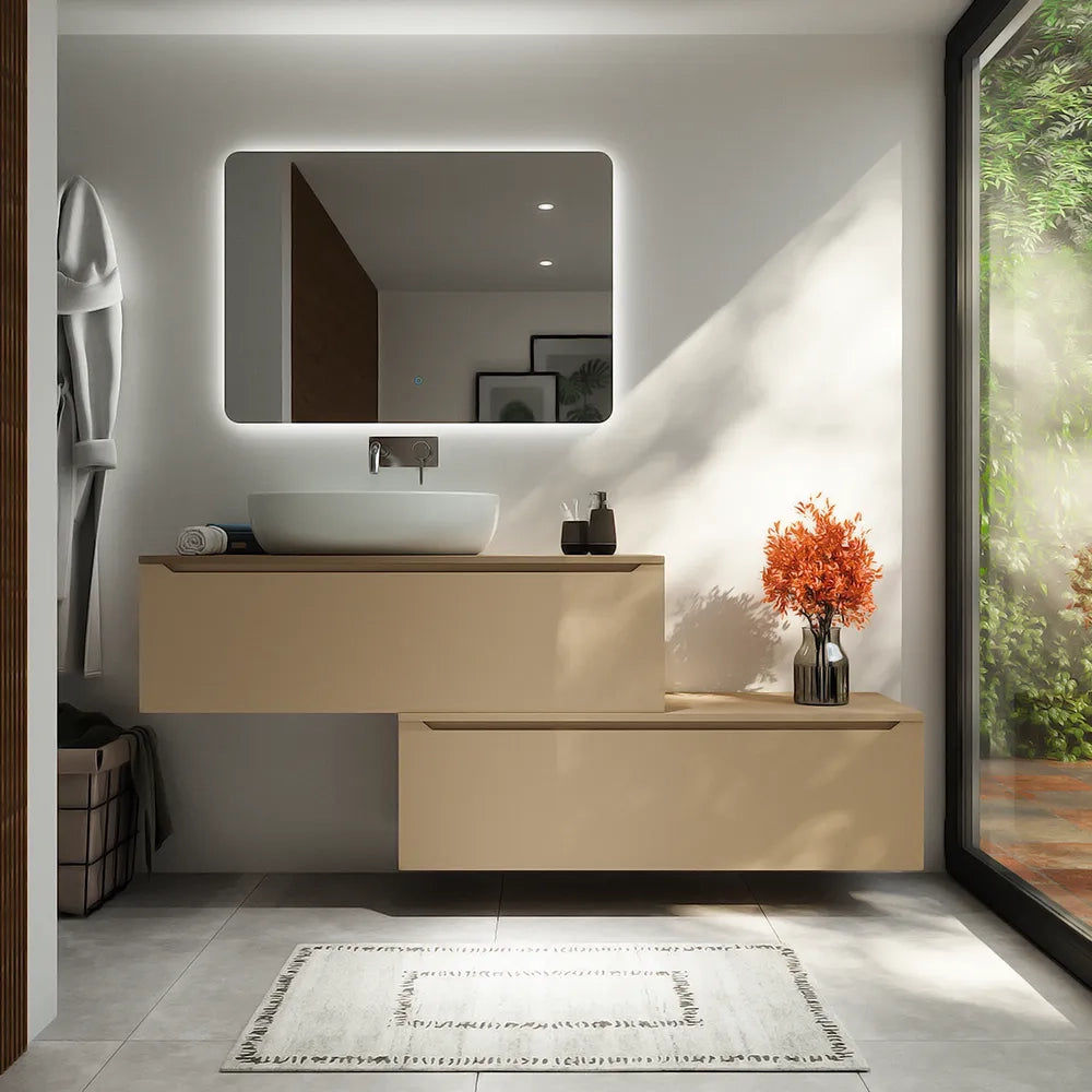 Mobile bagno sospeso modulare 90 cm sabbia opaco due cassetti con top | Bako