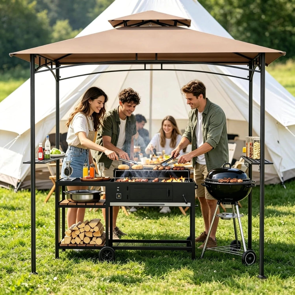 Barbera a doppio tetto, gazebo da giardino esterno per griglia con 2 ripiani e 7 ganci, gazebo da barbecue, per campeggio, picnic, feste, barbecue, barbecue, 240 x 151 x 255 cm (caffè)