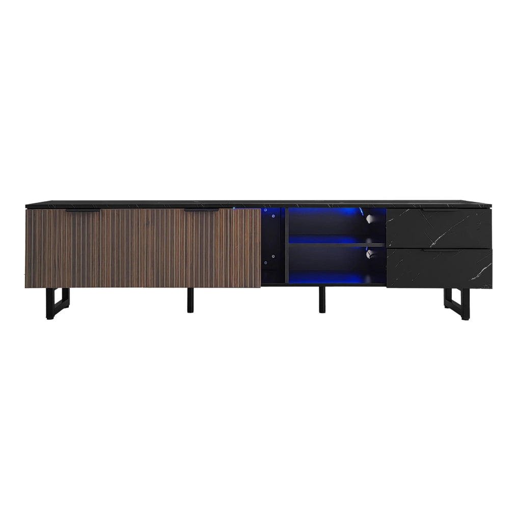 Mobile TV 200 cm in MDF nero effetto marmo; LED multicolore tramite app; 2 ante e 2 cassetti