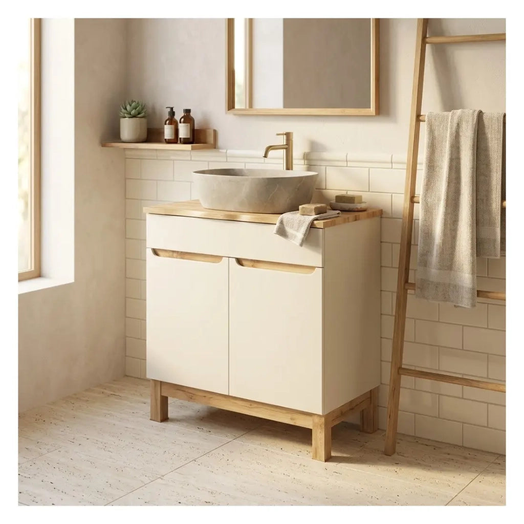 Set da bagno ERMANO cachemire e finitura quercia 80cm: mobile sotto lavabo + piano per lavabo bisellato