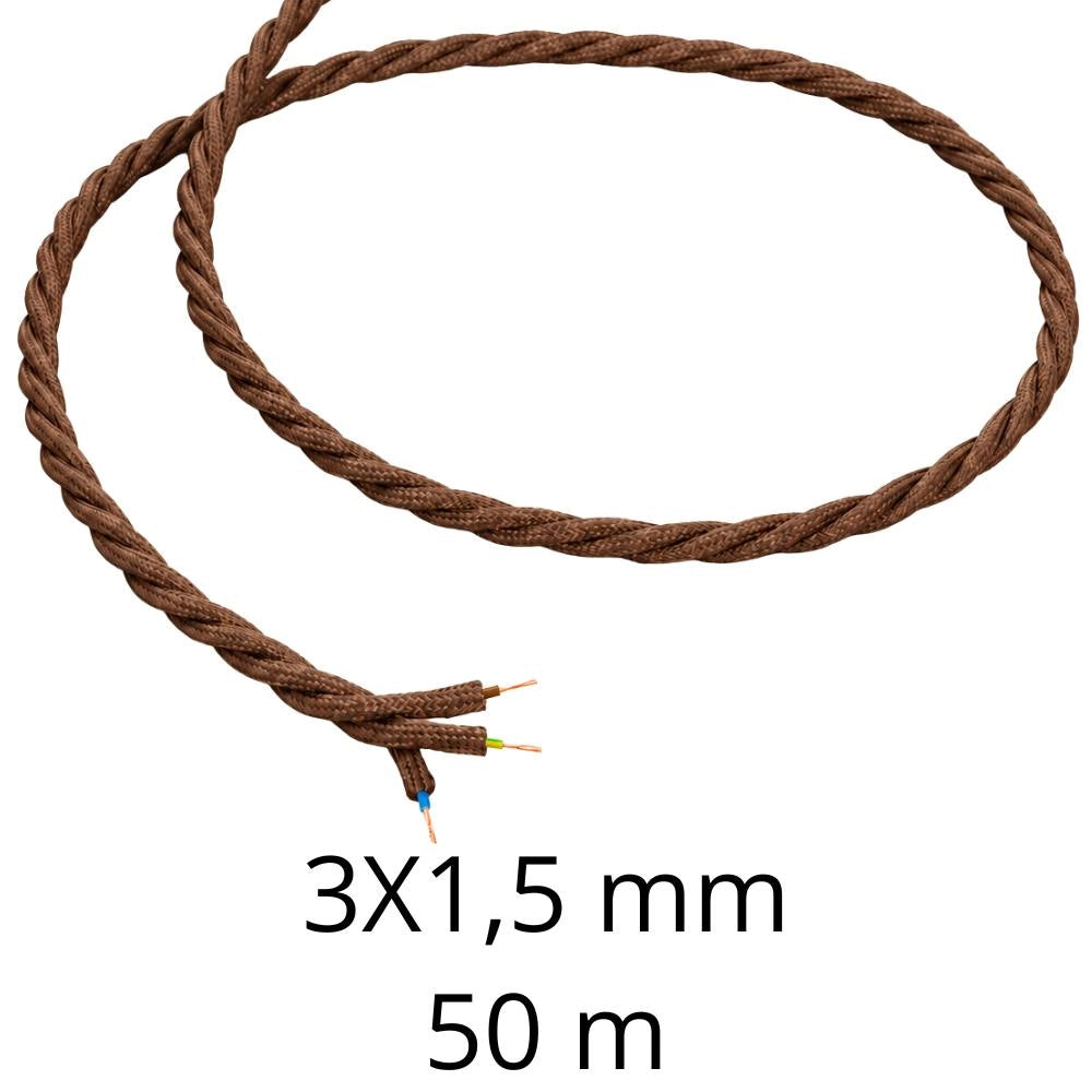Cavo elettrico intrecciato in tessuto marrone per impianti a vista *** lunghezza metri 50, sezione conduttore 3x1,5mm...