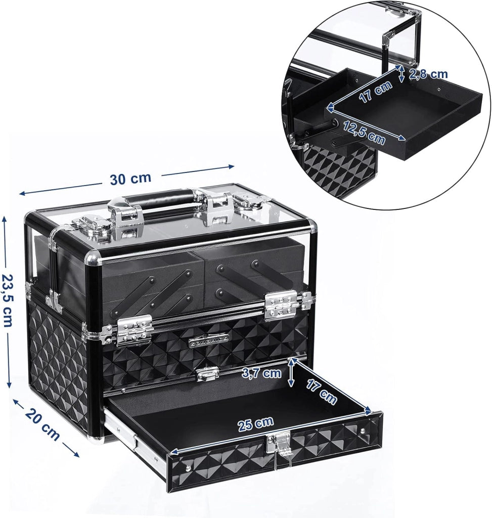 SONGMICS Beauty Case da Viaggio, Valigetta per Trucco, Arte e Unghi,con Coperchio Trasparente, Telaio in Alluminio, Cofanetto Diversi Vassoi per Truccatore, Nero JBC318B