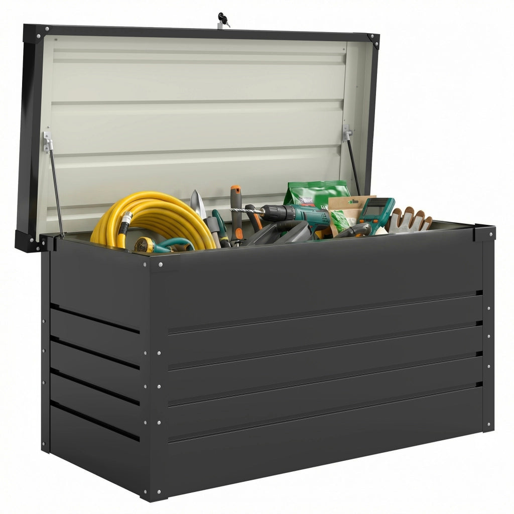 Box da giardino in metallo 350L ¨C Xylo ¨C doppia parete, coperchio impermeabile, chiusura, grigio 120x61x62cm