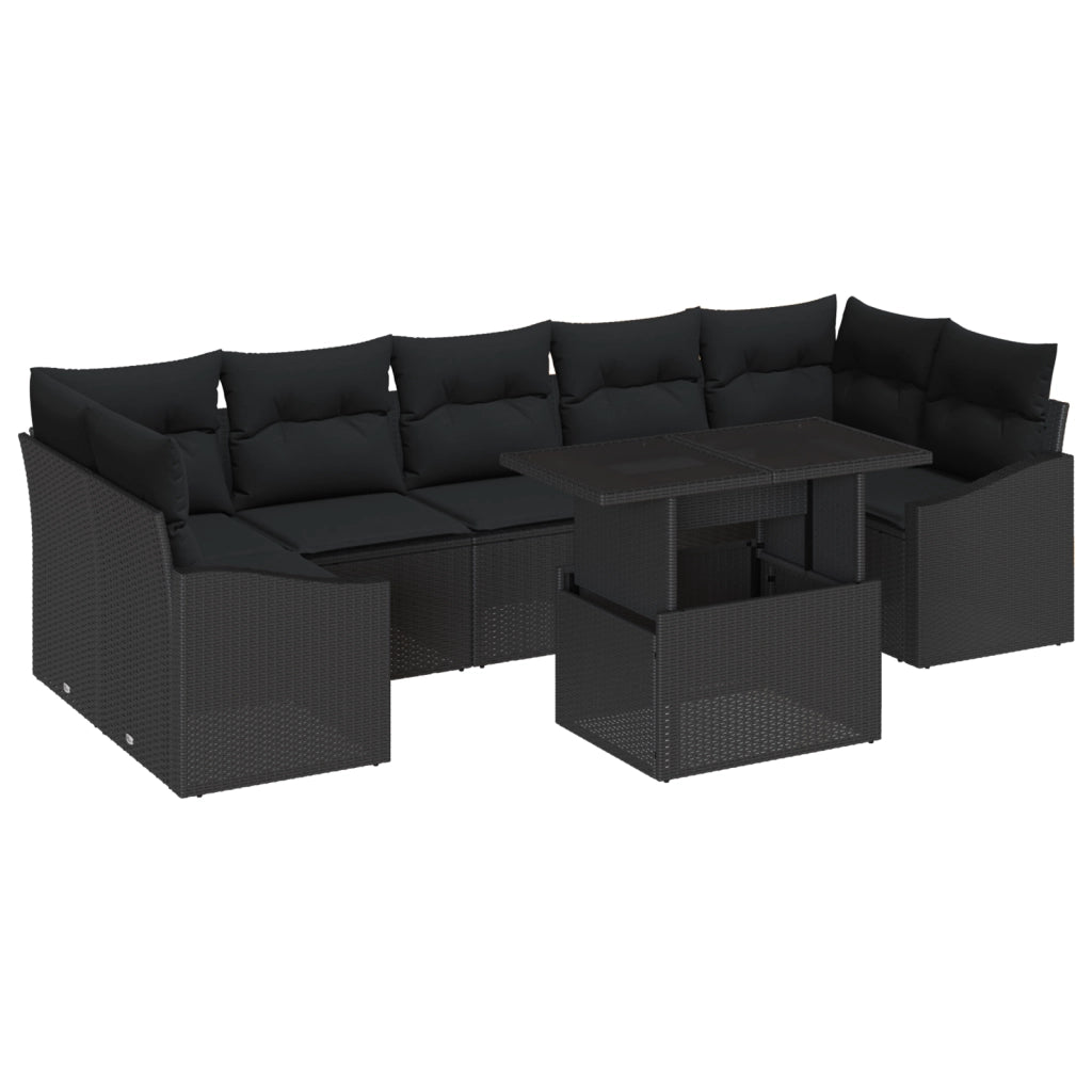 Set da Giardino a 8 Pezzi con Cuscini in Rattan Sintetico Nero