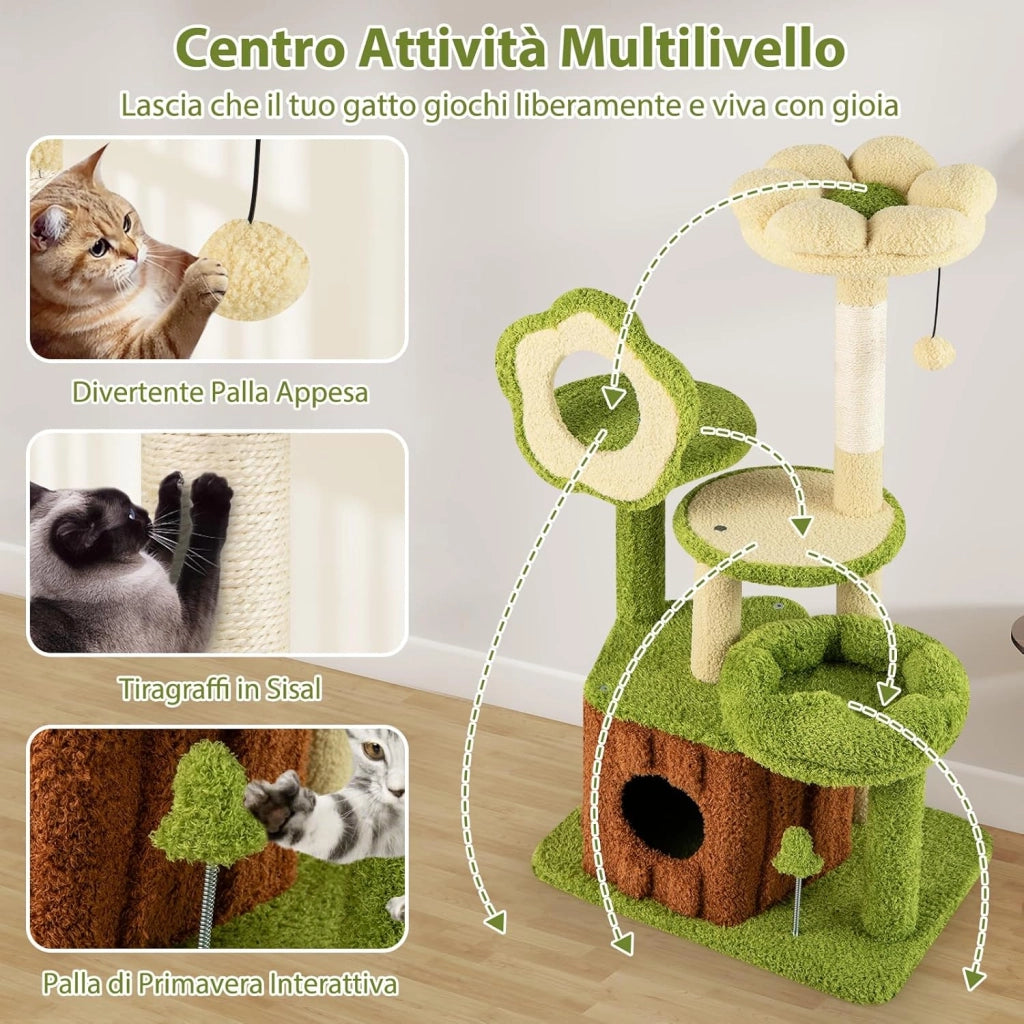 Albero per Gatti, Albero Tiragraffi per Gatto con Condominio Tronco, Trespolo a Fiore, Letto Morbido, Pompon, Giocattolo a Molla e Piattaforme, Tiragrafffi per Gatti da Interno