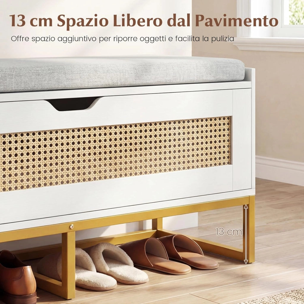 71L Panca Scarpe con Seduta Imbottita, Cassa Portaoggetti in Rattan con Coperchio Ribaltabile, Panchina da Ingresso con Spazio Nascosto, 100x35x44 cm (Bianco)
