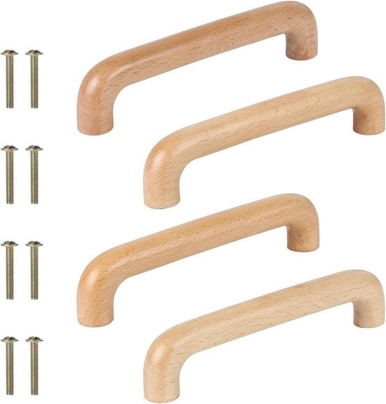 Set di maniglie in legno per mobili da 128 mm - Kit da 4 pezzi - Mobili da cucina - Maniglie curvate con viti