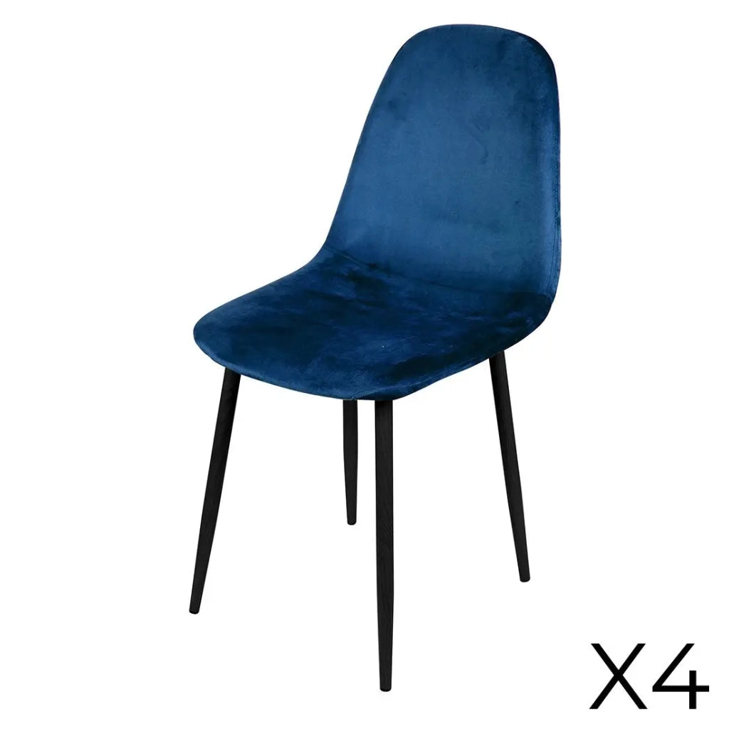 Set di 4 sedie LOLY, seduta e schienale in velluto blu, struttura in metallo nero