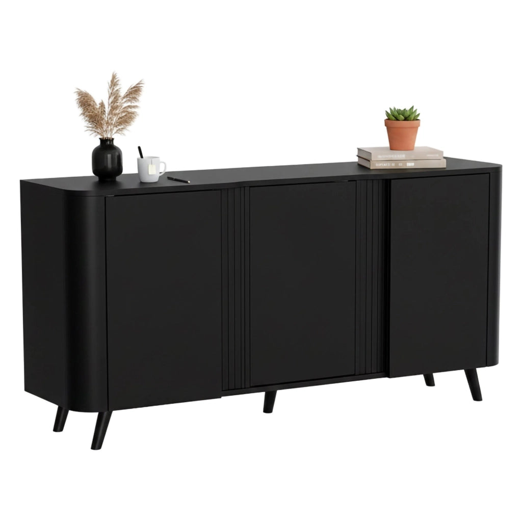 Credenza Loreo, Madia da salotto con tre ante battenti e vani interni, Rialzata da terra, 151x42 h70 cm, Nero
