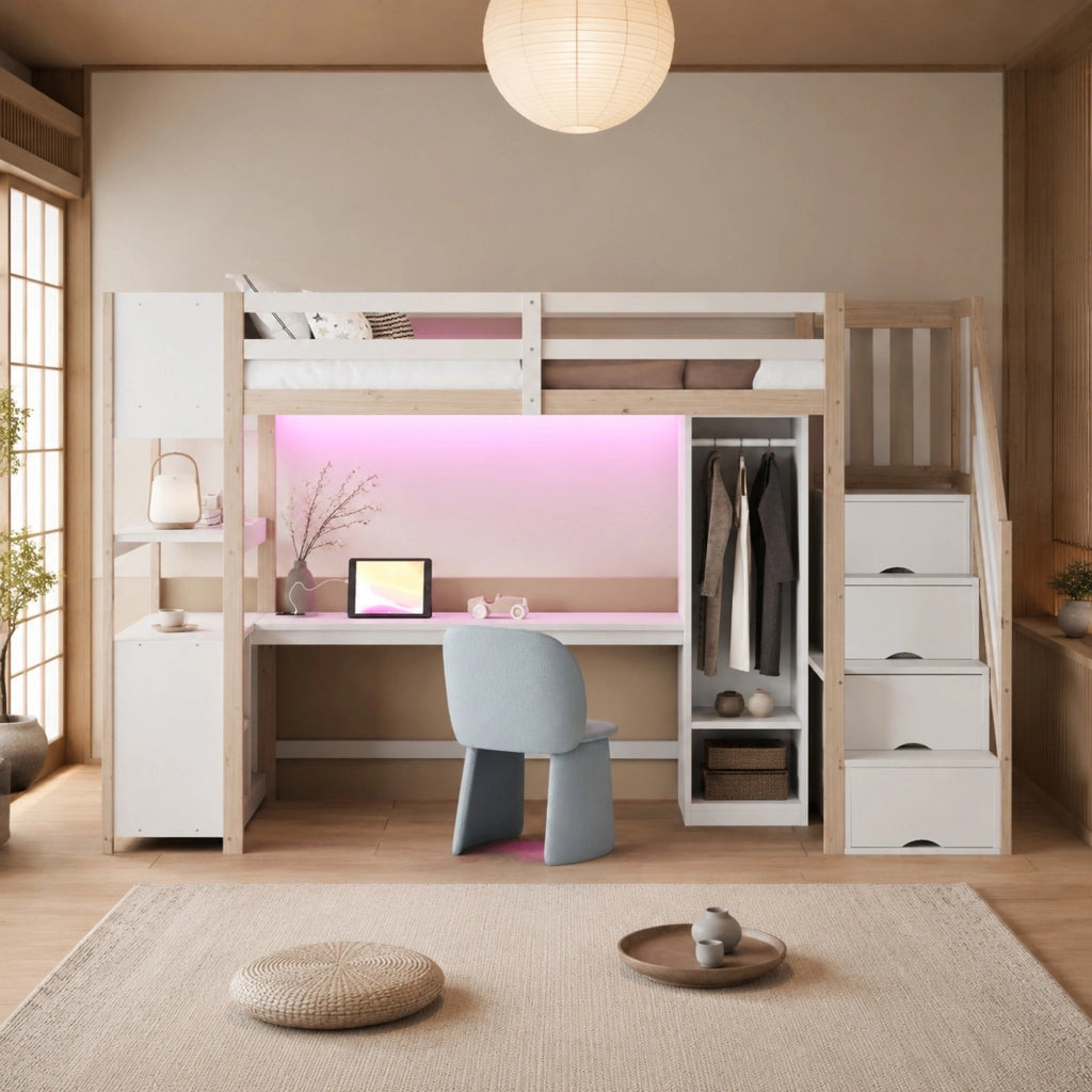 LETTO a soppalco 90x200 cm in legno bianco/naturale con scrivania e armadio