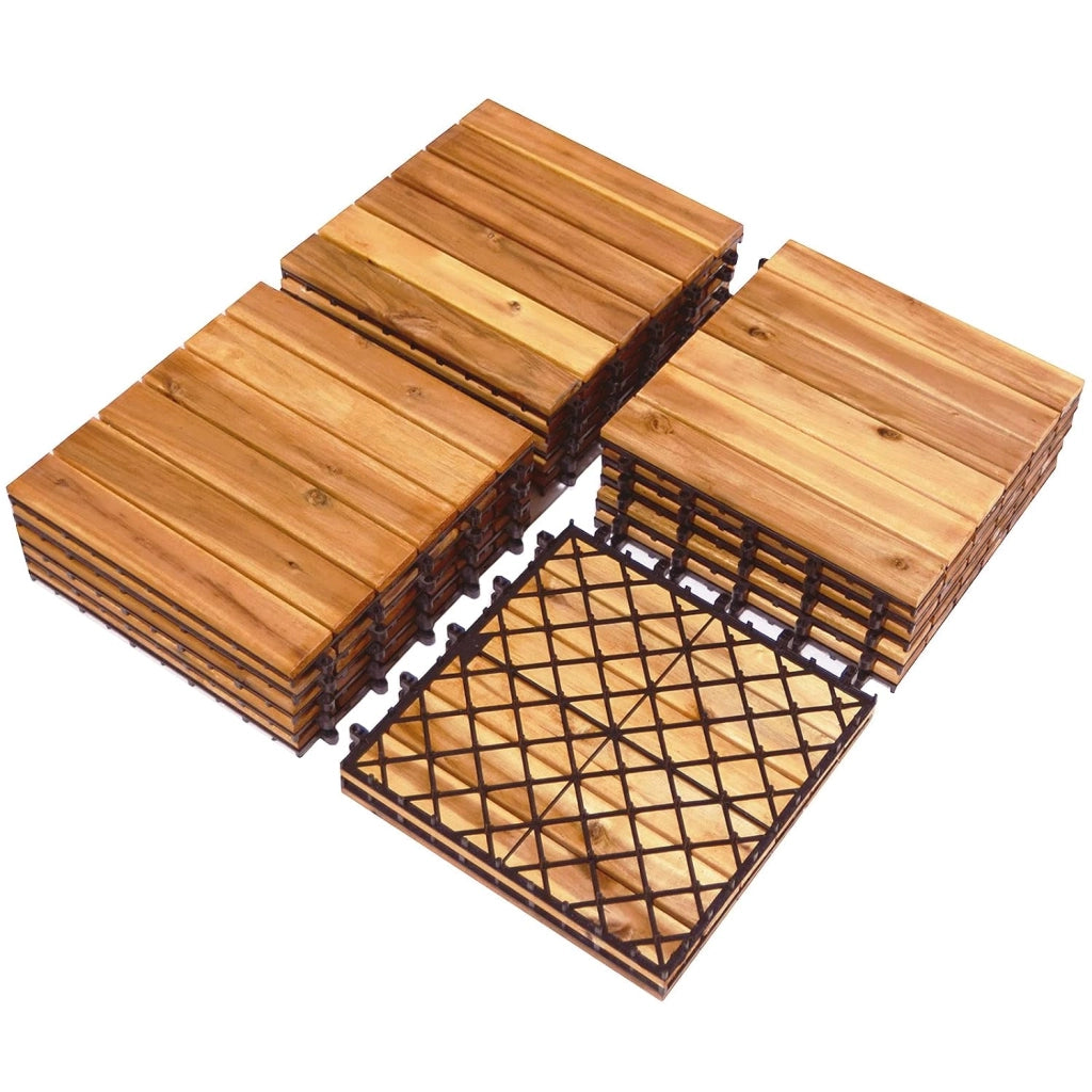 Piastrelle da Esterni Pavimento da Giardino in Legno di Acacia, 27 Piastrelle da Giardino con Design a Incastro, Piastrelle per Pavimentazione Impermeabili con La Base in Plastica (Modello 2)