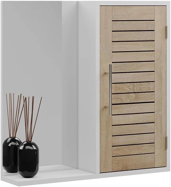 Specchio contenitore bagno Looma, Bianco/quercia, 60 x 60 cm con 3 scomparti, utilizzabile come armadio sovrapponibile per lavatrice o WC