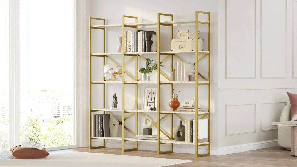 Libreria Gauro, Scaffale da ufficio, Mobile portalibri, Biblioteca, 170x30h175 cm, Bianco e Oro