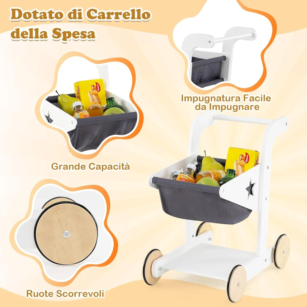 Set da Gioco da Supermercato, Banco di Mercato per Bambini in Legno con Carrello della Spesa, 2 Lavagne e Registratore di Cassa, Scaffali Espositivi, per Bambini 3+ Anni