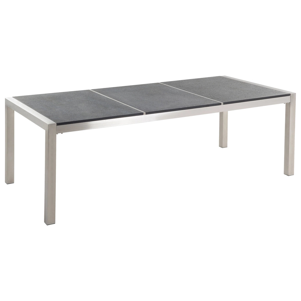 Set da pranzo da giardino Nero con piano in granito fiammato sedie in rattan 8 posti 220 x 100 cm