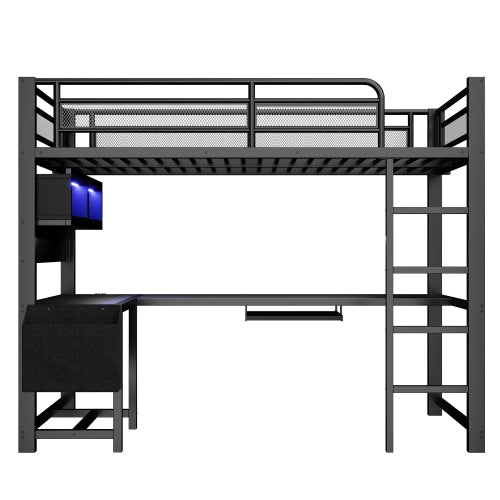 Letto a soppalco con scrivania 90x200 cm LEMONMAX, LED 7 colori, 2 prese e 2 USB, mensole, struttura in metallo, nero