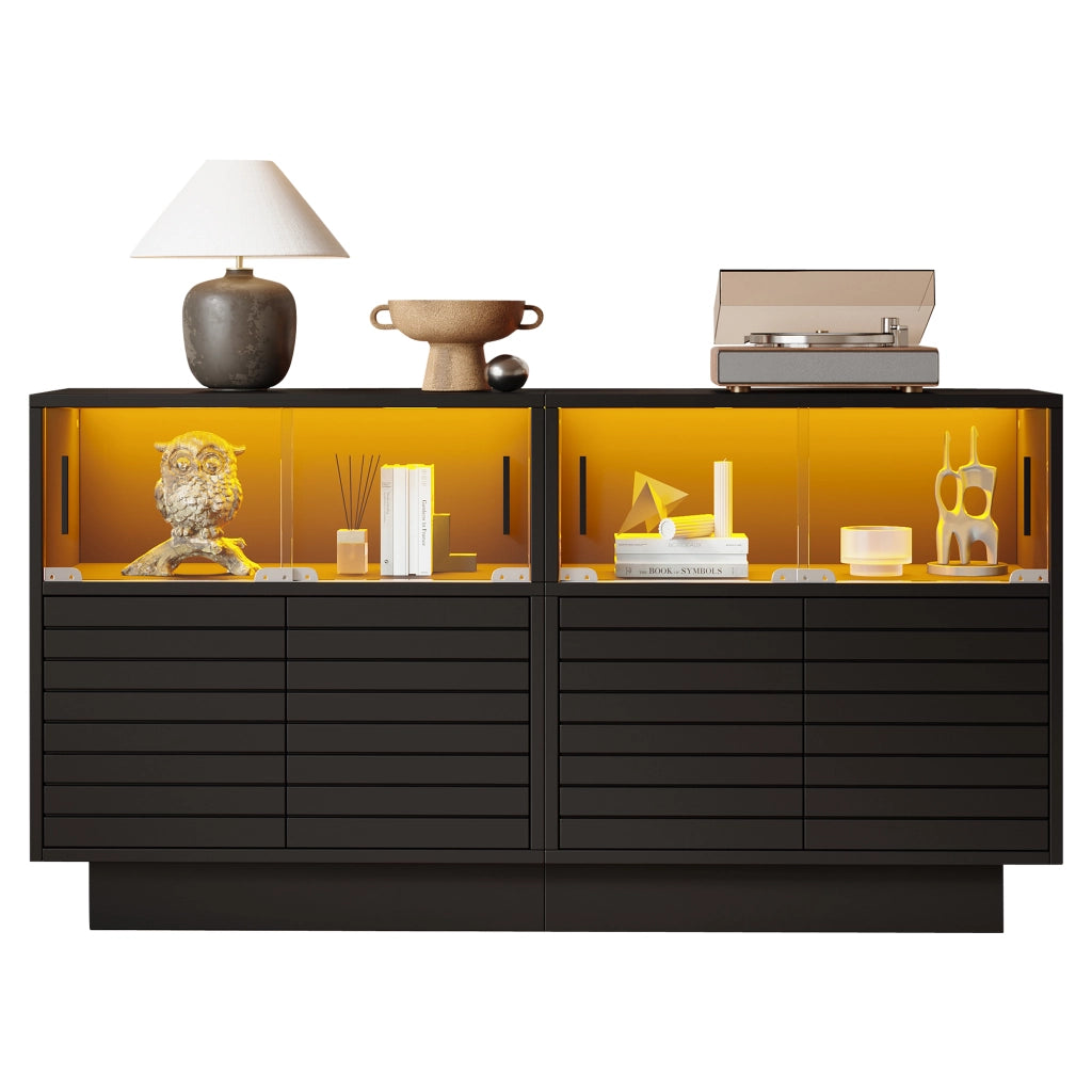 Credenza con 4 Ante scorrevoli in vetro e LED per Soggiorno in Pannello truciolare 130×35×68 cm Nero