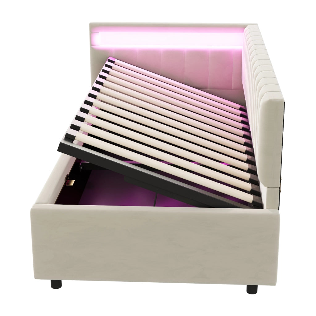 Letto imbottito singolo 90×200 cm con LED; contenitore idraulico; rete a doghe e testiera reversibile; senza materasso; beige