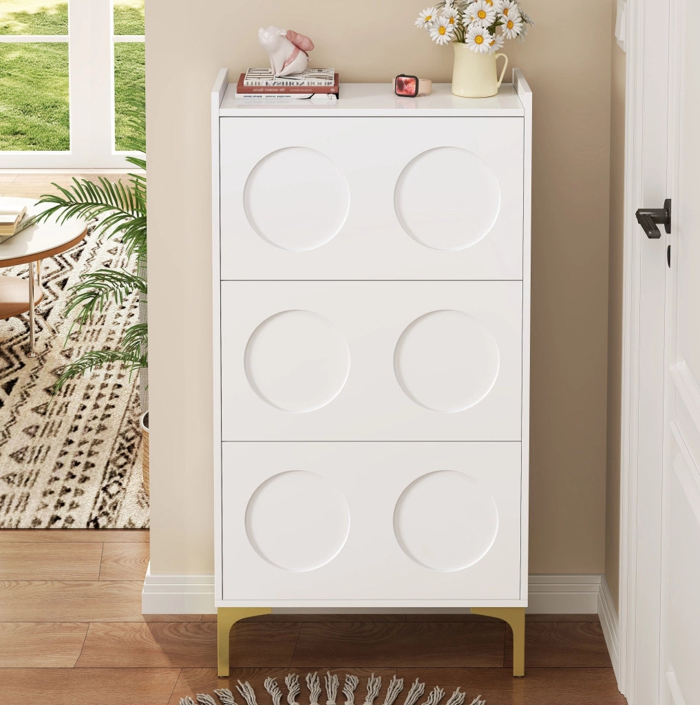 Scarpiera moderna a 3 ante con vani chiusi; 63x24x120 cm in MDF bianco con gambe dorate