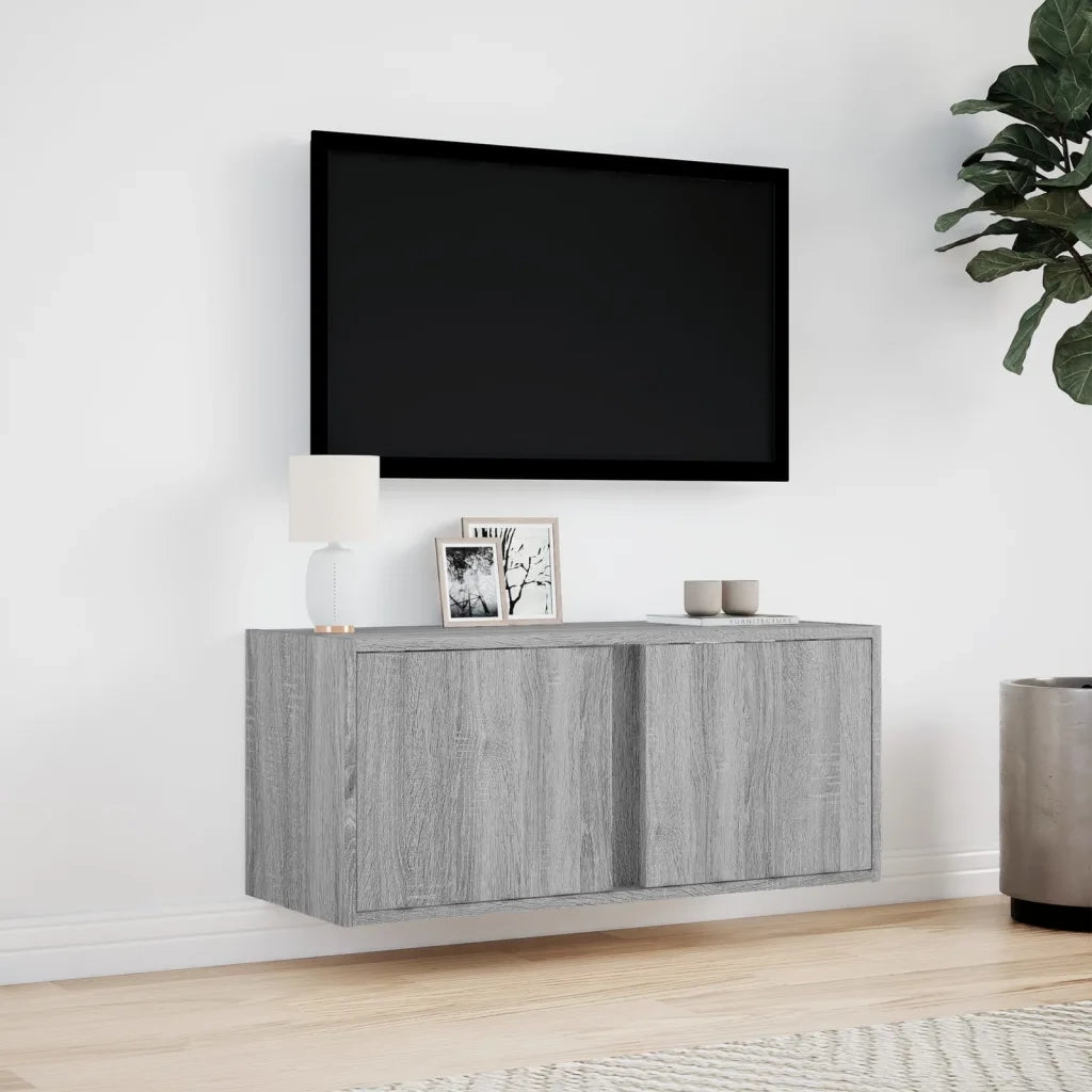 Mobile TV a Parete con Luci LED Grigio Sonoma 80x31x35 cm