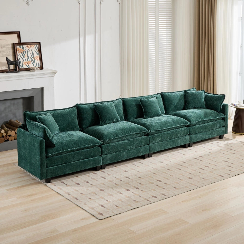 Divano modulare 4 posti in ciniglia con cuscini ergonomici e seduta a doppio strato, per soggiorno e appartamento, verde