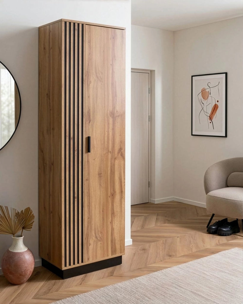 Armadio in MDF marrone con 4 ripiani e 2 ante, finitura melaminica, alto e stretto, per camera da letto o ingresso, in stile moderno