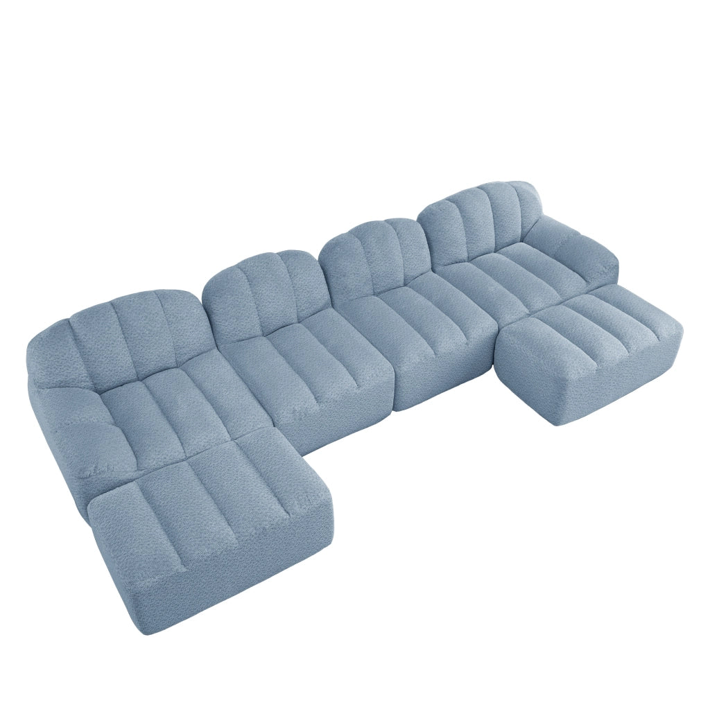 Divano modulare angolare 4 posti a U con ottomana; schiuma 32D; velluto granulato; blu