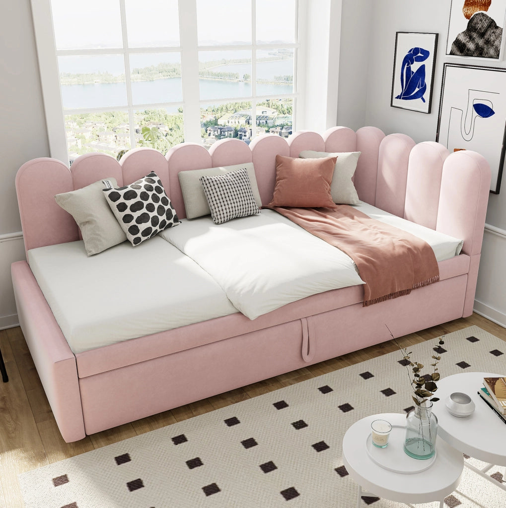 Divano letto 90x200 cm; estraibile a L; tessuto effetto velluto; rosa