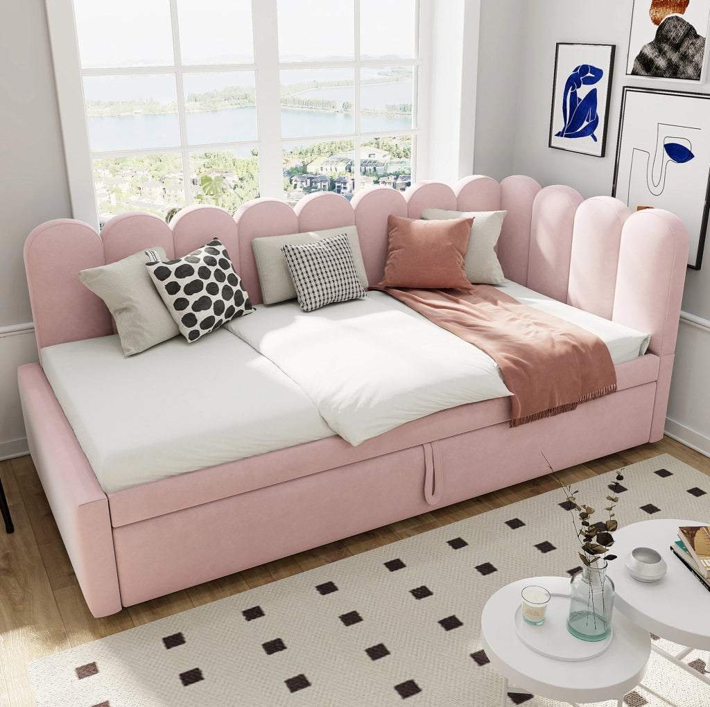 Divano letto 90x200 cm; estraibile a L; tessuto effetto velluto; rosa