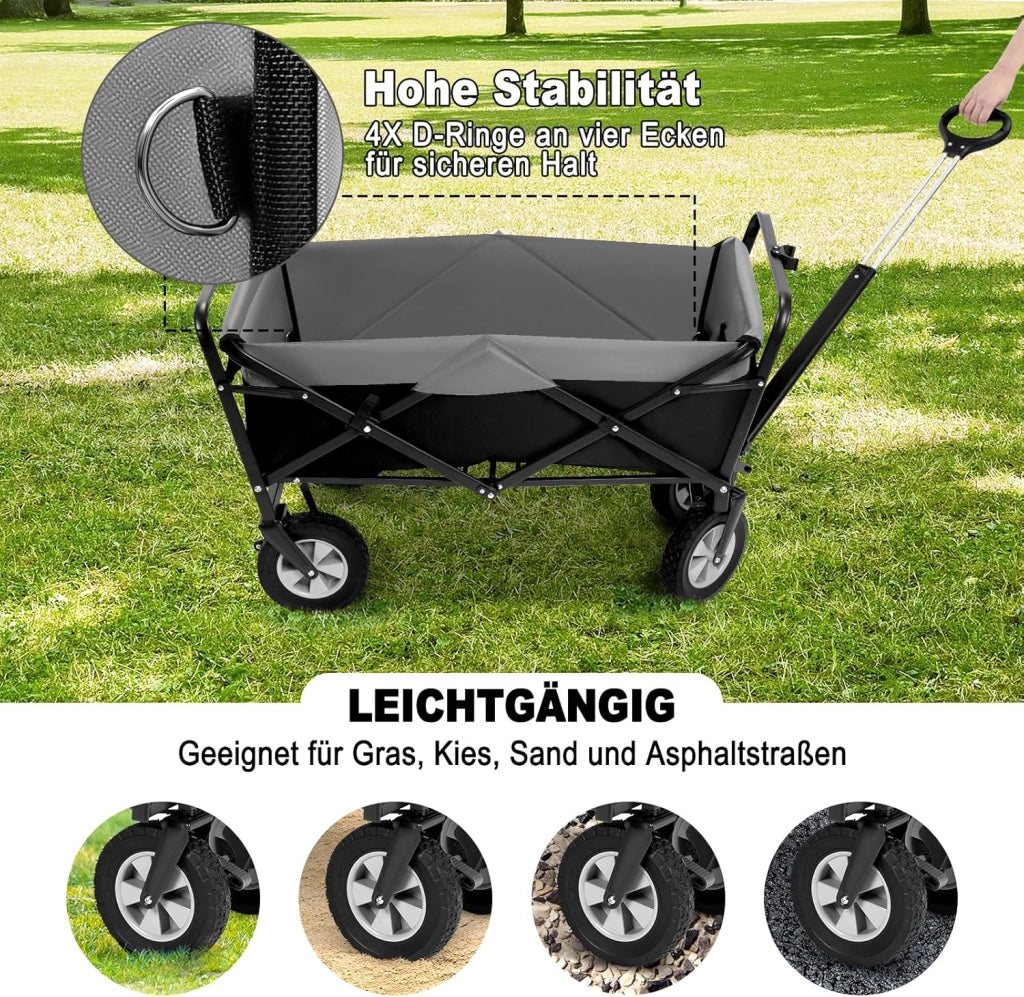 Carrello da Giardino Pieghevole, con Maniglia Regolabile, Carrello da Spiaggia Portatile con Tasche Laterali per Spesa, Picnic, Adatto a Vari Suoli, Portata 80 kg, Nero+Grigio