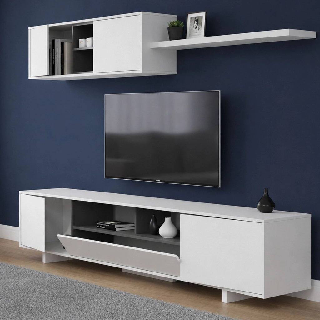 Mobile Soggiorno Angora, Parete Attrezzata 8 Ripiani, 200x41x46h cm Bianco Lucido