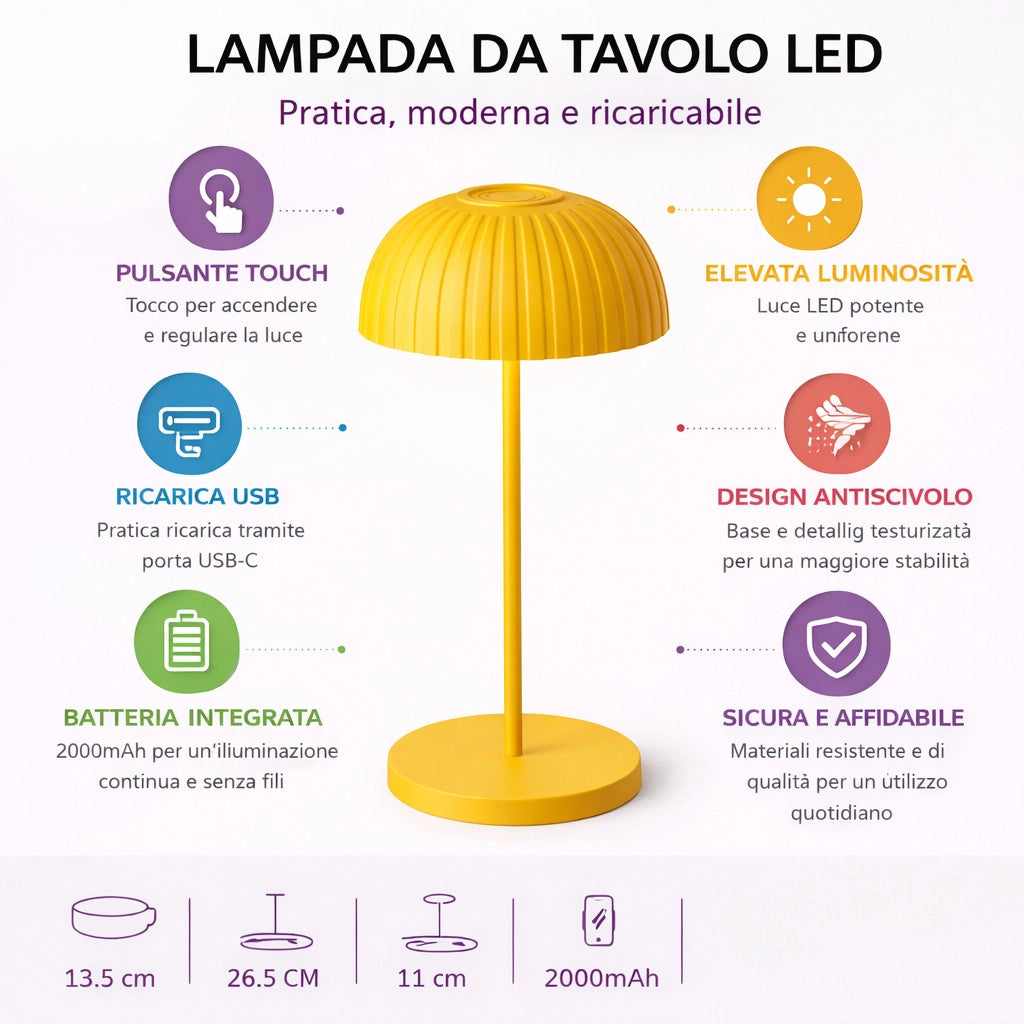 LAMPADA TAVOLO LED RICARICABILE GIALLA TOUCH USB BATTERIA 2000MAH DESIGN LPT144
