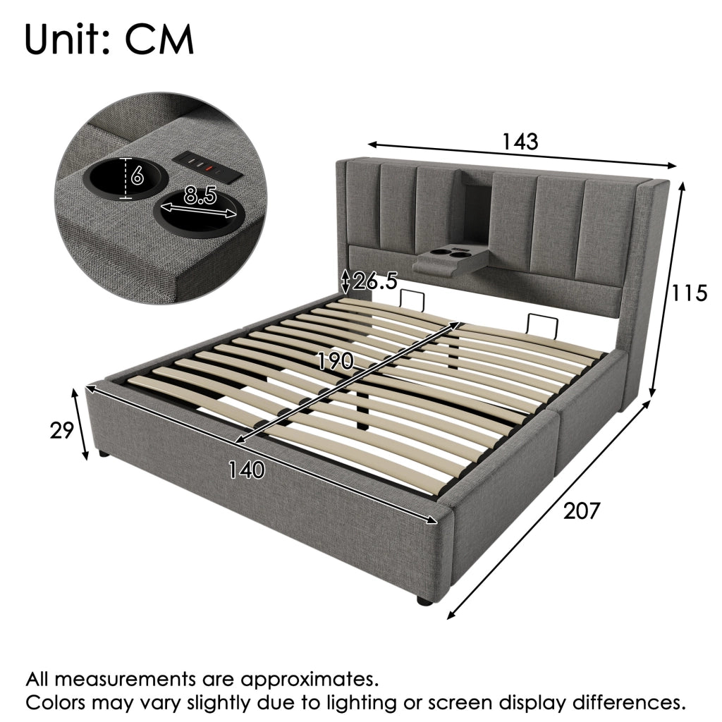 Letto imbottito 140x190 cm con ricarica USB-C e vano contenitore