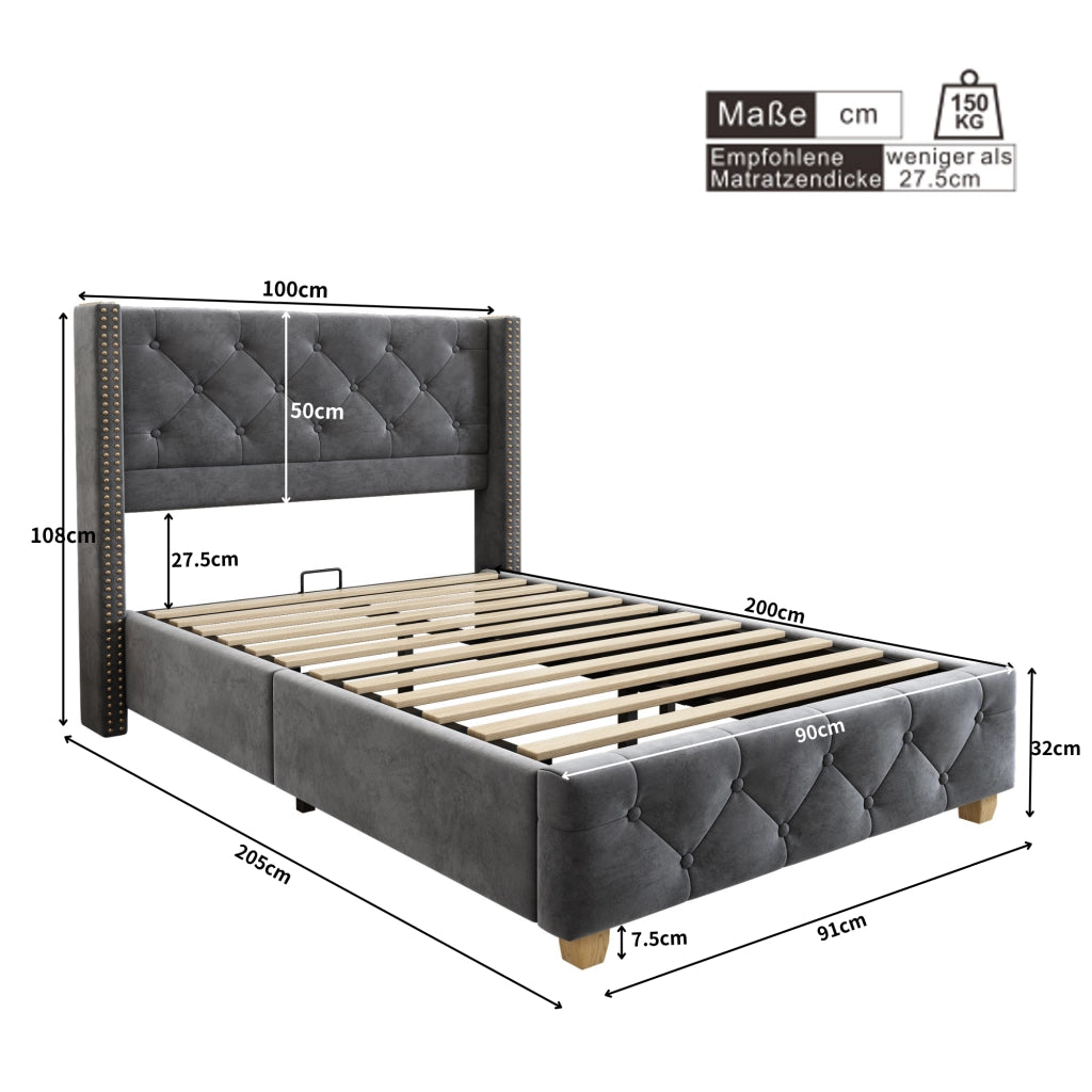 Letto imbottito 90x200 cm in velluto grigio con rete a doghe, testiera con bottoni e borchie