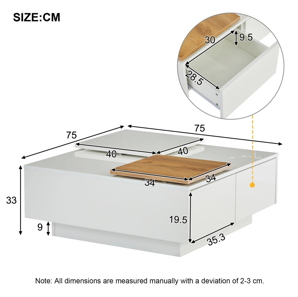 Tavolino da caffè 75x75x33.5 cm con 4 cassetti nascosti; piano lucido in pannello truciolare bianco