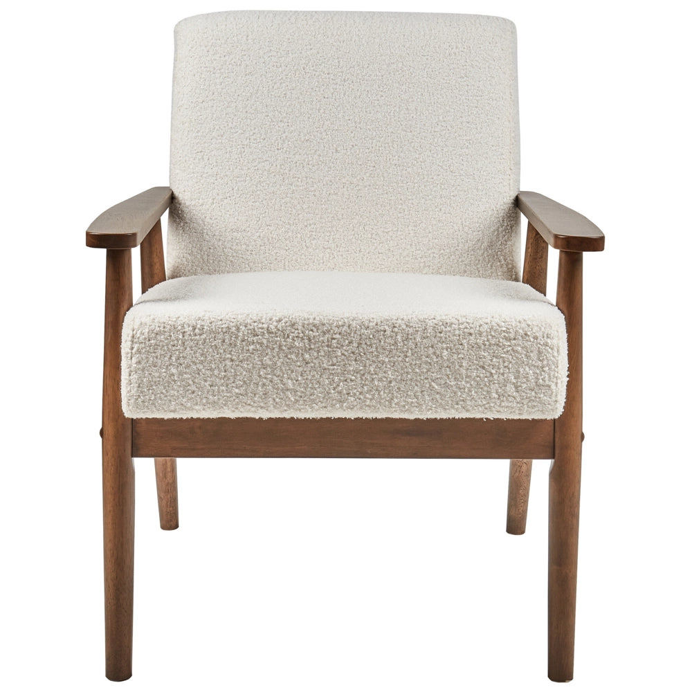 Poltrona Poliestere Boucle Bianco Sporco Rivestimento Retro Design Struttura in legno scuro Braccioli Soggiorno