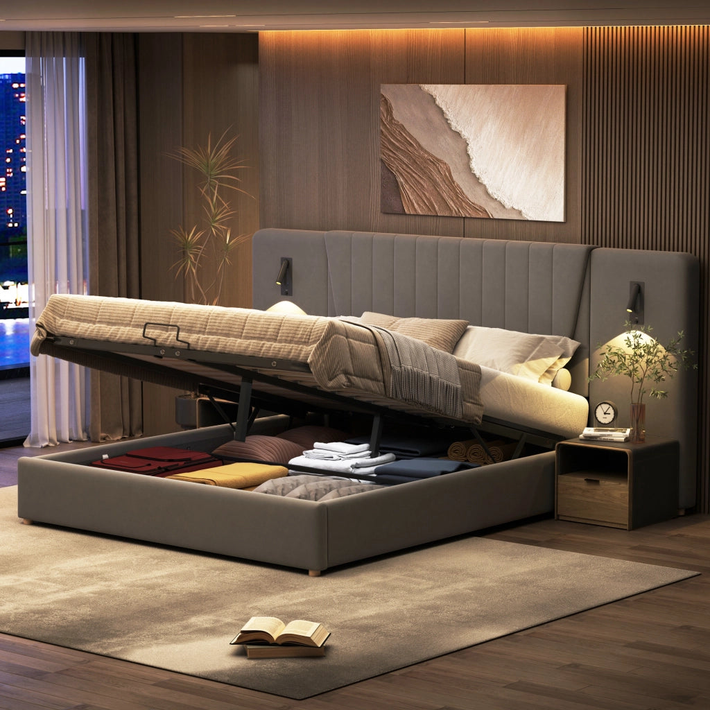 Letto matrimoniale imbottito 180x200 cm grigio con USB