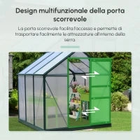 Serra da Giardino in Policarbonato 190x192x201cm, Serra per Piante con Base, Finestra, Porta Scorrevole e Struttura in Alluminio, Verde Scuro