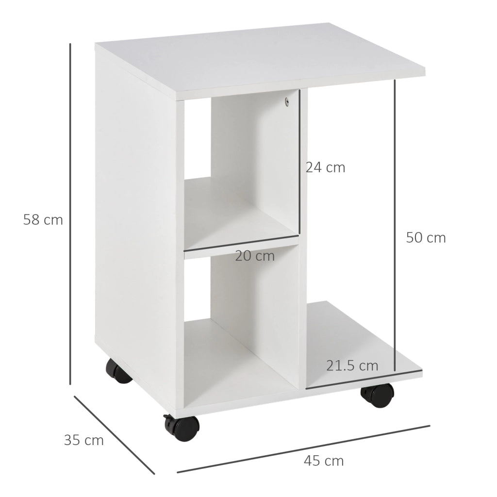 EasyComfort Tavolino da Salotto a C con 2 Ripiani Aperti e 4 Ruote Girevoli, in MDF e PE, 45x35x58 cm, Bianco