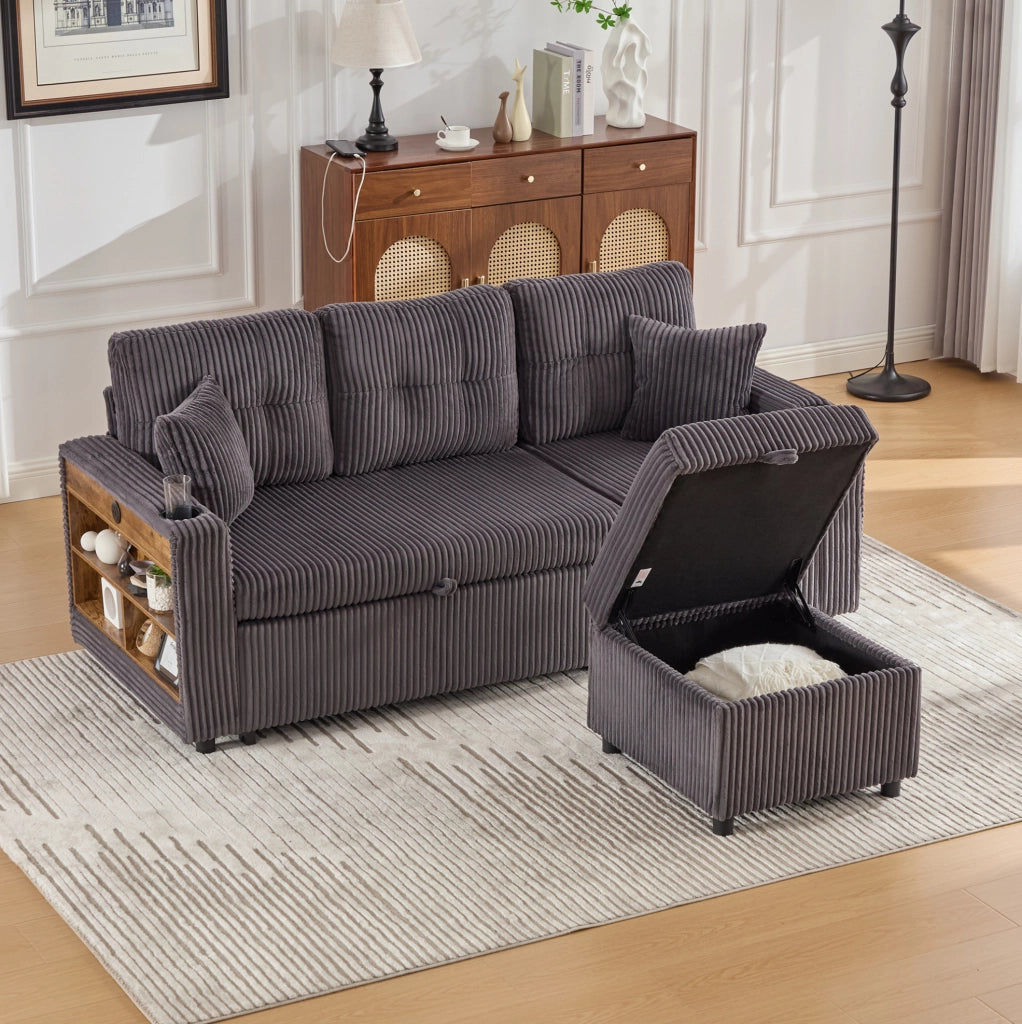 Divano letto in velluto a coste grigio scuro con LED e USB-C