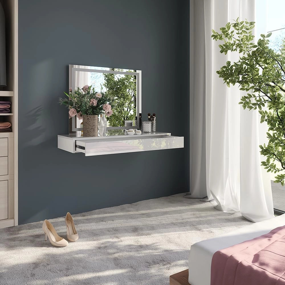 Tavolo da toeletta Sherry, Bianco, 100 cm 2 parti, con specchio fisso integrato per l’uso quotidiano