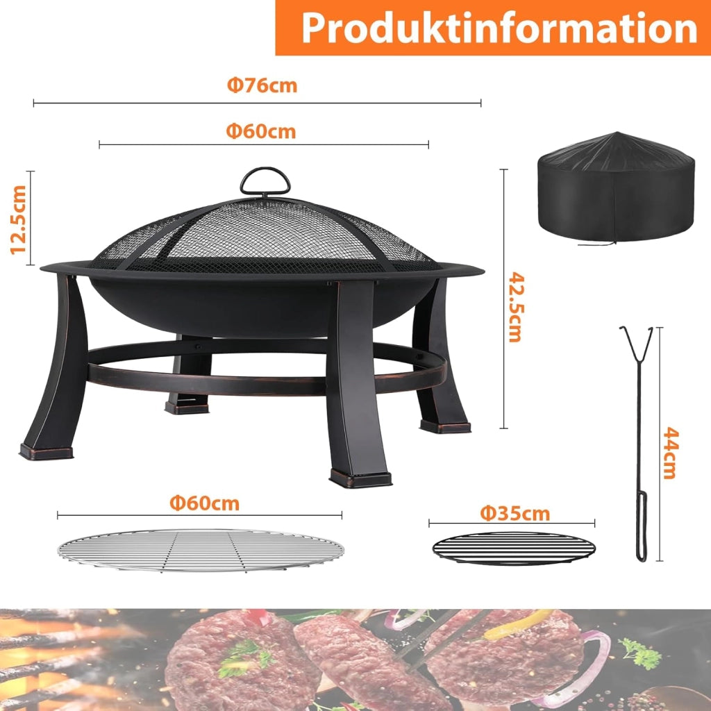 Bracieri da Giardino, Ø 76 cm Braciere con Griglia, Braciere con Parascintille y Copertura Impermeabile 600D, Braciere da Esterno, Braciere Barbecue, Grande Bracere Multifunzionale, Fire Pit, Nero