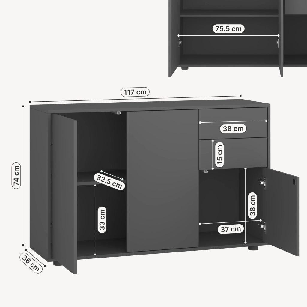 Credenza Paarl Comò con 3 Ante e 2 Cassetti 74x117x36 cm - Grigio Scuro Opaco [en.casa]