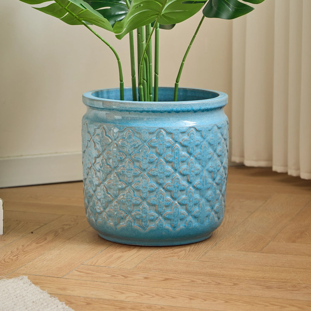 Fioriera in ceramica con foro di drenaggio finitura blu anticato per interno e esterno resistente al gelo
