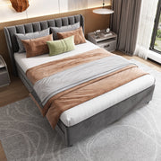 Letto in velluto 140x200 cm con rete a doghe; 2 cassetti; grigio